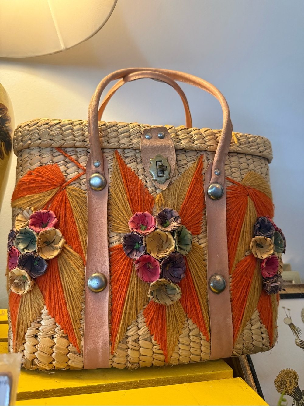 VTG Large Basket Purse Woven Straw Tote with Orange Floral Embroidery - Picture 4 of 6